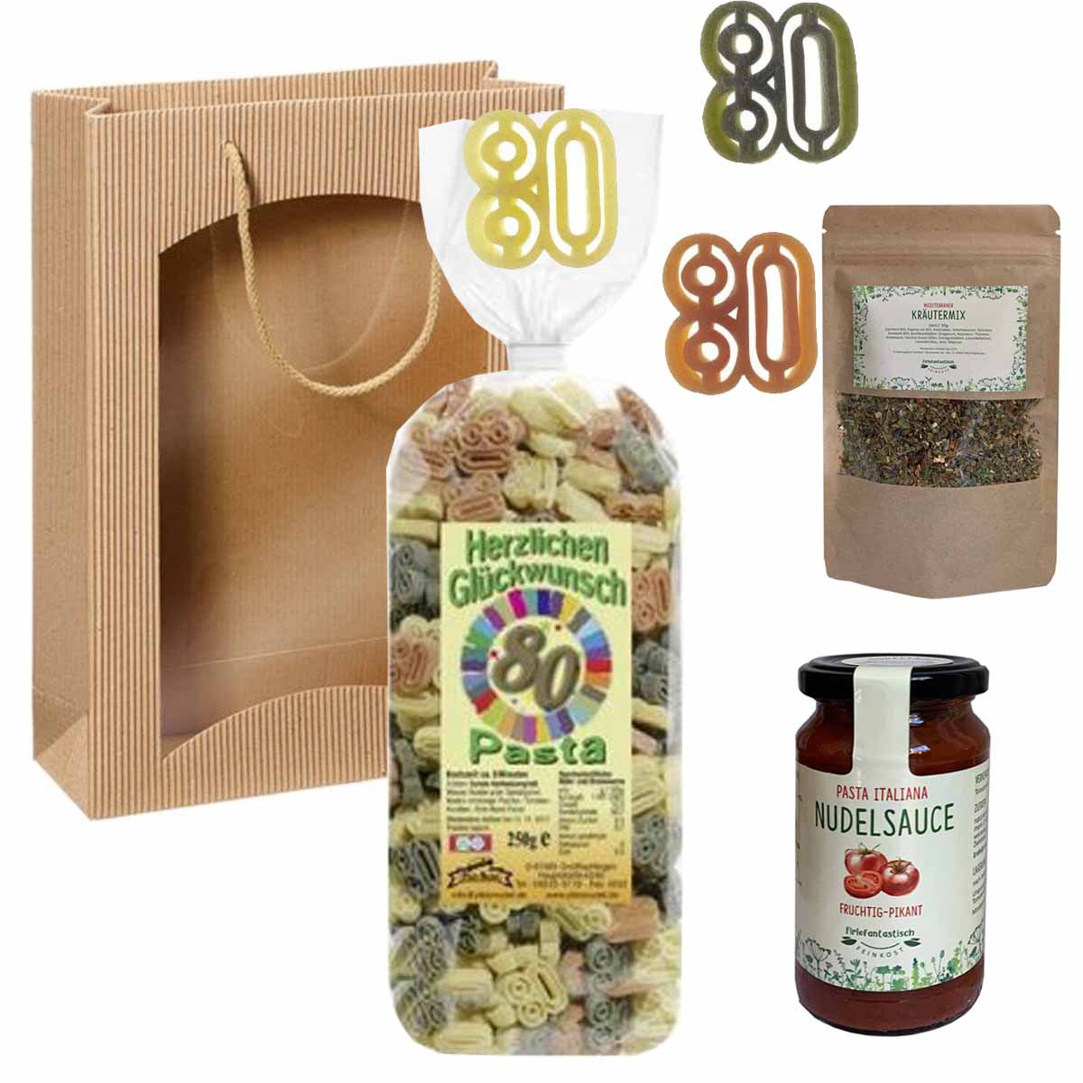 Feinkost-Set 80. Geburtstag mit Nudeln, Sauce, Kräutermix