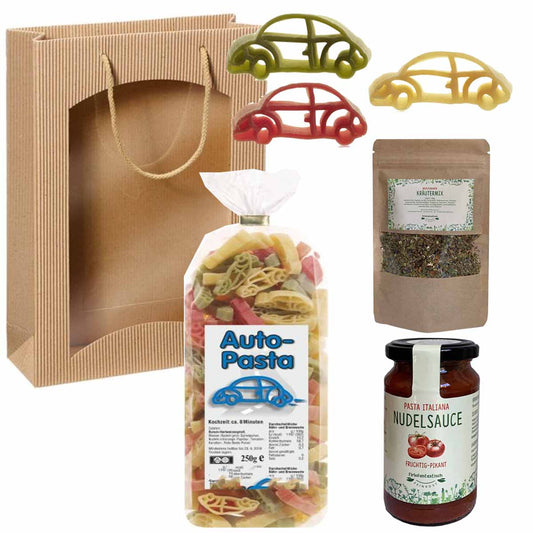 Feinkost-Set Auto mit Nudeln, Sauce, Kräutermix