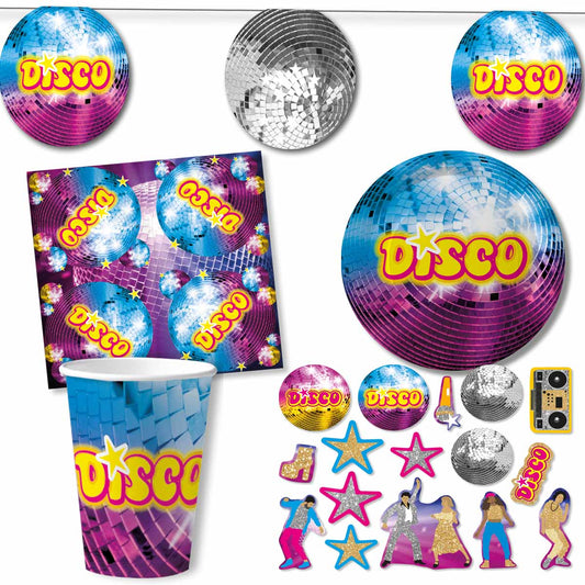 Disco Partyset mit Teller, Becher, Servietten, Konfetti, Wimpelkette