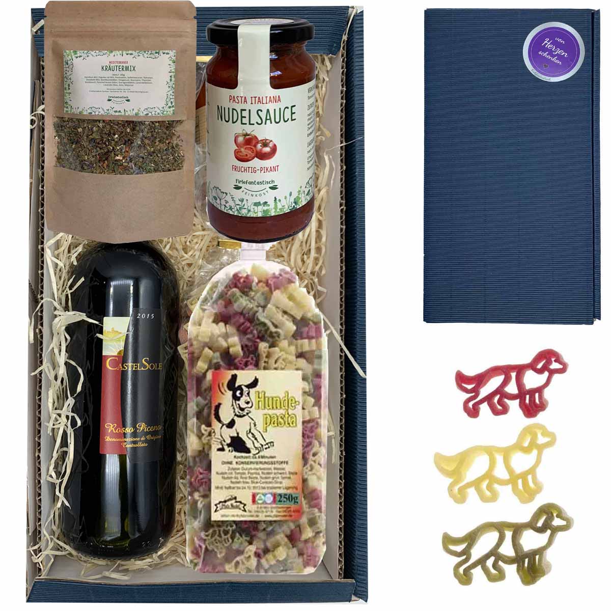 Geschenkset Hunde mit Wein, Nudeln, Sauce und Kräutermix